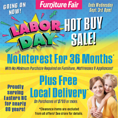Labor Day sale ad for Furniture Fair with 36 months no interest*, no minimum, and free delivery* on $799+.