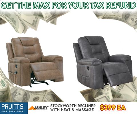 Get the max for your tax refund. Ashley Stockworth recliner with heat and massage $399 each