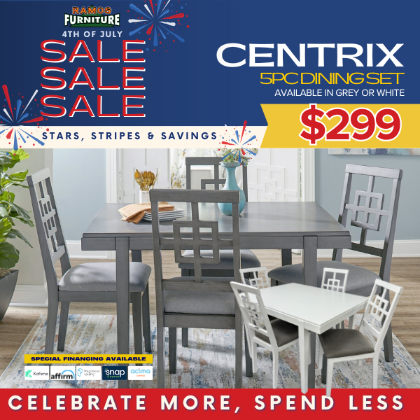 4th of july sale - centrix dining set available in grey or white $299 - shop now