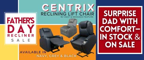 Fathers Day Recliner Sale. Felix Reclining lift chair with heat and massage. Available in navy, grey and black. In stock and on sale