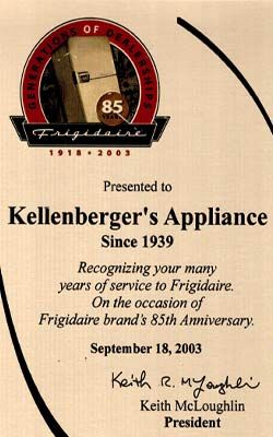 An award for Kellenberger Applianace from Frigidiare