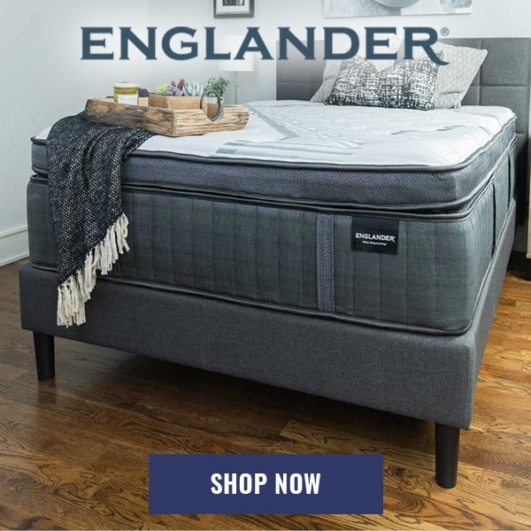 Englander mattress in a cool blue room with plany