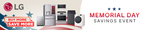Promotional banner for a Memorial Day sale featuring a top-load washing machine and a French door refrigerator against a background of an American flag and fireworks. The text reads 'Memorial Day Sale' and 'Save Big' with a red, white, and blue color scheme.