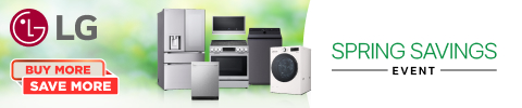 Promotional banner for an LG Spring Savings event featuring a stainless steel French door refrigerator and a front-load washing machine. The background features light green accents with floating pink flower petals, and the text reads 'Spring Savings' and 'Save Big'.