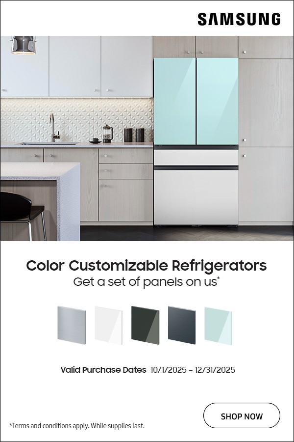 Advertisement for Samsung color-customizable refrigerators. The top half shows a modern kitchen with light wood cabinets and a Samsung refrigerator featuring pastel blue upper panels and a white lower panel. Below, text reads: Color Customizable Refrigerators – Get a set of panels on us Five sample panel colors are displayed (silver, white, dark green, dark gray, and light blue). Additional text notes: Valid Purchase Dates 10/1/2025 – 12/31/2025. A “Shop Now” button appears at the bottom right, with small-print text stating that terms and conditions apply and the offer is while supplies last.