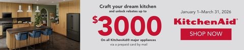 Wide promotional banner showing a modern kitchen with light wood cabinets, a dark island, and stainless steel appliances. Text reads: “Craft your dream kitchen and unlock rebates up to $3000 on all KitchenAid® major appliances via a prepaid card by mail.” Dates shown: January 1–March 31, 2026. A red “Shop Now” button appears next to the KitchenAid logo and a lineup of stainless steel appliances.