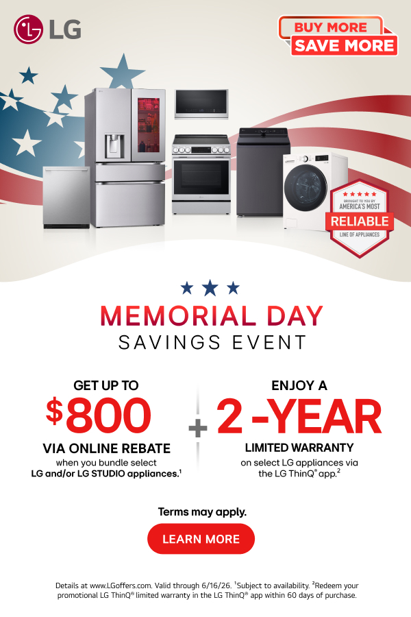 A promotional advertisement for the LG Memorial Day Savings Event. The top features various LG appliances including a dishwasher, refrigerator, microwave, oven, washer, and dryer against an American flag background. The central text offers up to $800 via online rebate when bundling select LG or LG STUDIO appliances, plus a 2-year limited warranty on select appliances via the LG ThinQ app. The offer is valid through 6/16/26.