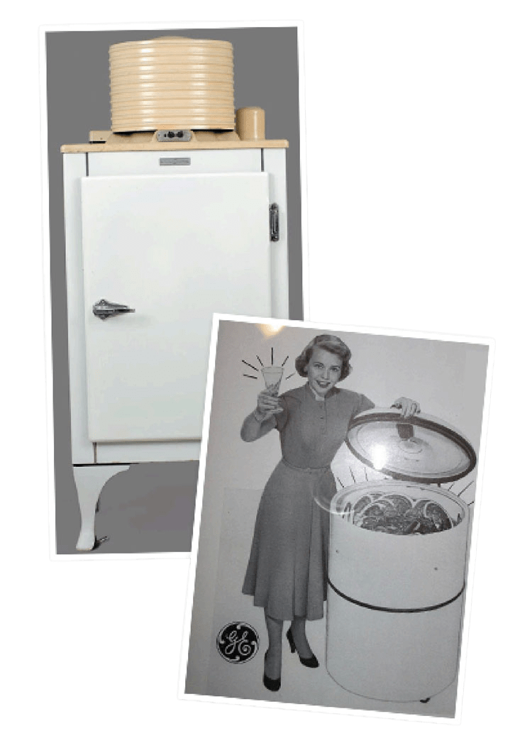 Above Top Left: GE monitor refrigerator - Came out in 1927 as the first residential refrigerator with a compressor (circular part on top) // Above Bottom Right: Original GE dishwasher - the first dishwasher we sold