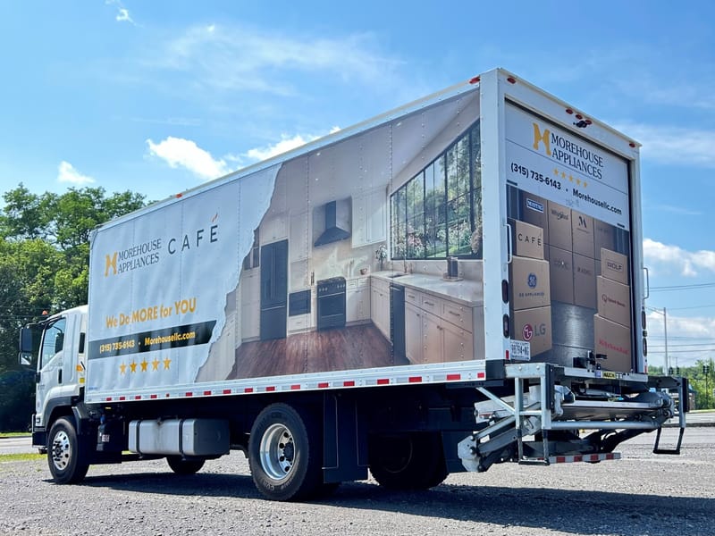 Morehouse Appliances delivery truck — in-stock appliances ready for fast delivery.