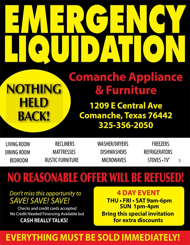 Liquidation Sale Comanche Appliance Co Inc Comanche Texas