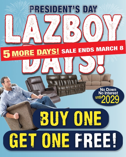 President's Day Lazboy Days! Buy one get one free! 5 More Days. Sale Ends March 8th. No down no interest until 2029
