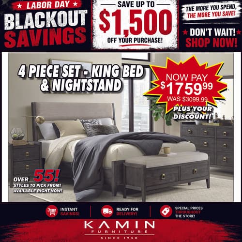 Labor Day sale: gray upholstered king bed and nightstand 4-piece set, now $1,759.99 (was $3,099.99), plus discount. Over 55 styles available.