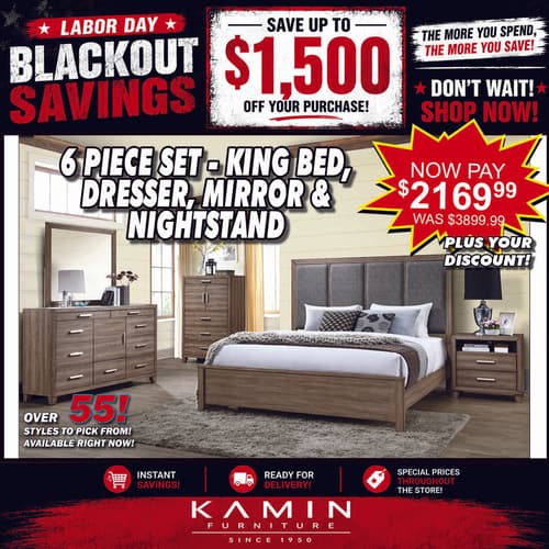 Labor Day sale: rustic king bed, dresser, mirror and nightstand 6-piece set, now $2,169.99 (was $3,899.99), plus discount. Over 55 styles available.