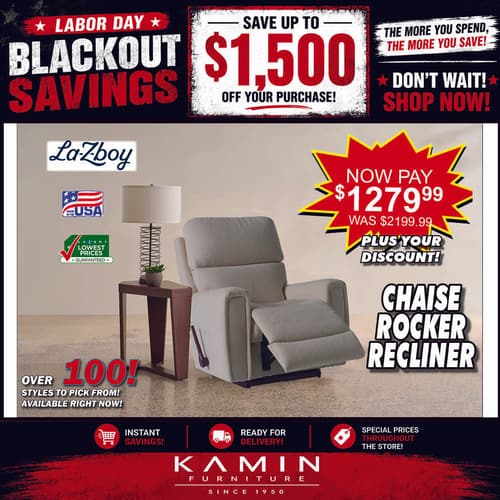 Labor Day sale: La-Z-Boy chaise rocker recliner in gray, made in USA, now $1,279.99 (was $2,199.99), plus discount. Over 100 styles available.