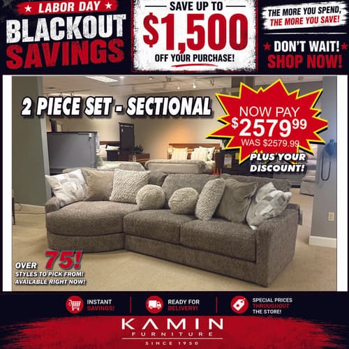 Labor Day sale: gray 2-piece sectional sofa with accent pillows, now $2,579.99, plus discount. Over 75 styles available.