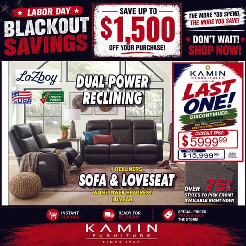 Labor Day closeout: black leather dual power reclining sofa and loveseat, last one, now $5,999.99 (was $15,999.99).