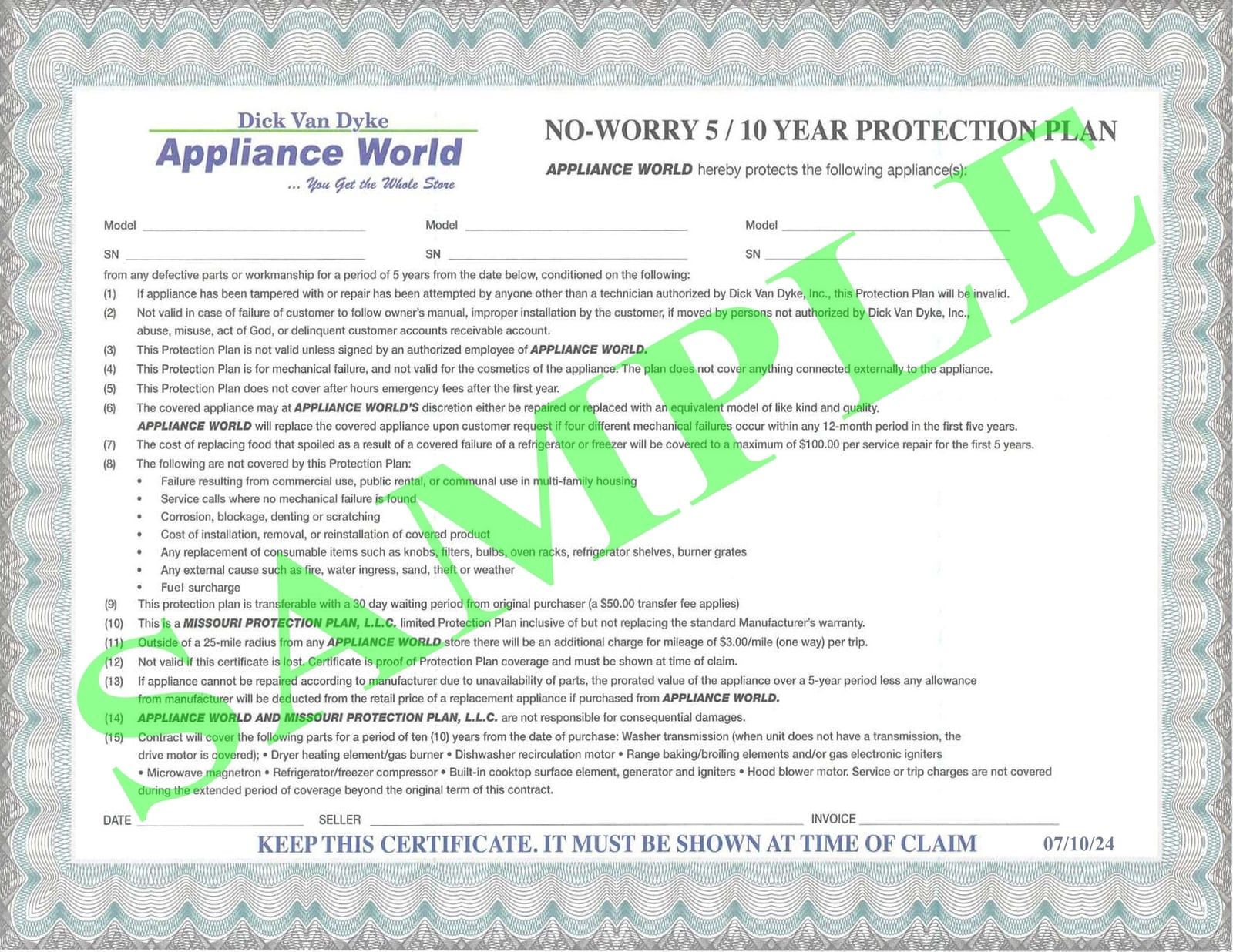 Sample Protection Plan Certificate