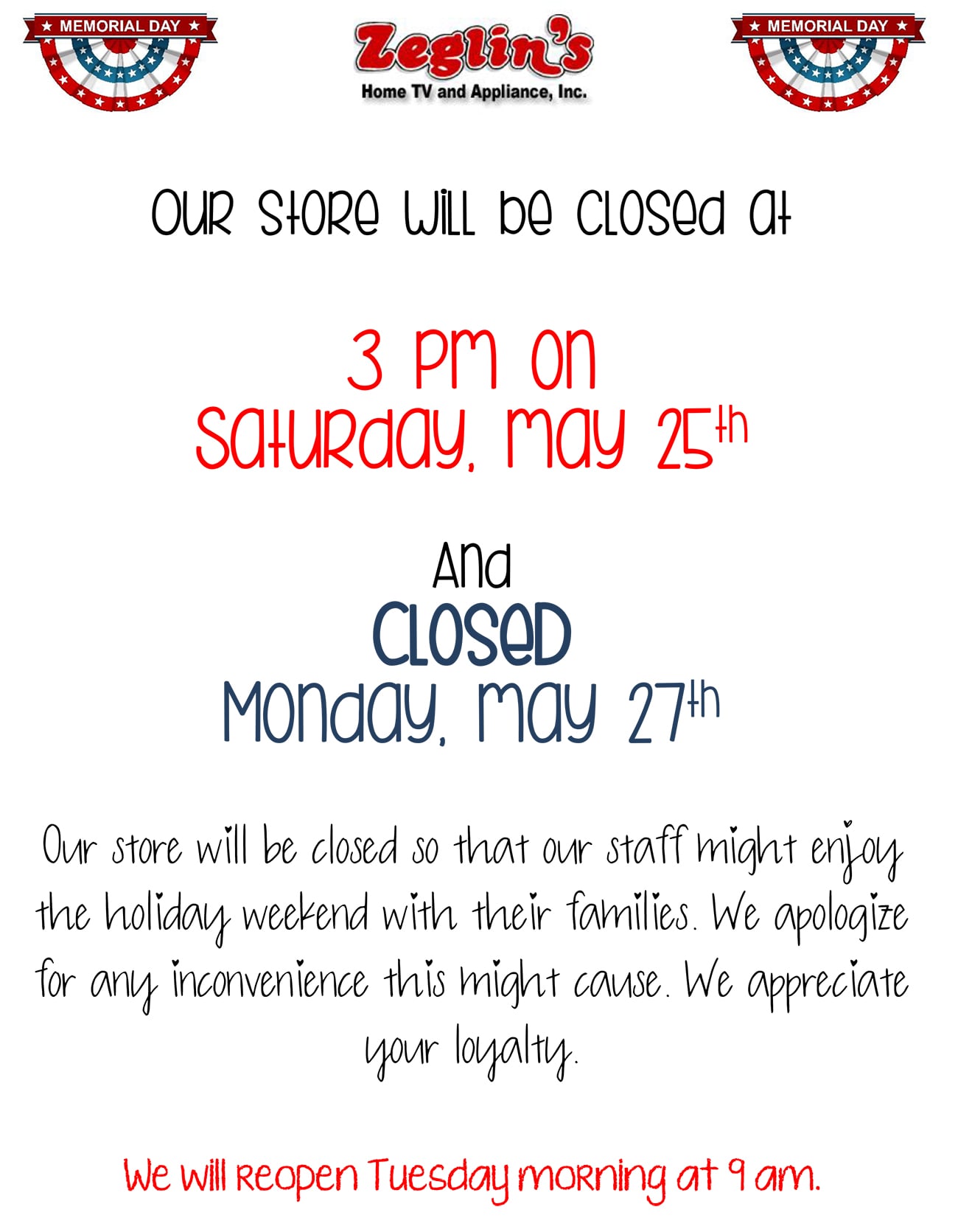 Memorial Day closure details