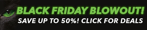 Black Friday banner featuring a close-up of a green cat eye on the left. Bright green text across a black background reads Black Friday Blowout! Up to 50% Off. On the right, a green button says Get Deals