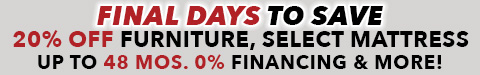 employee discount sale - final days - 20% off furniture, select mattresses - up to 48 months 0% financing - free base - See All Offers