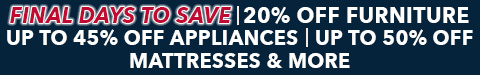 labor day final days to save - 20% off furniture - 0% financing - up to 45% off appliances - See All Offers