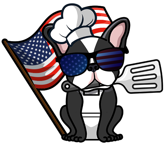 Cash the dog wearing a chefs hat and holding a spatula in his mouth.