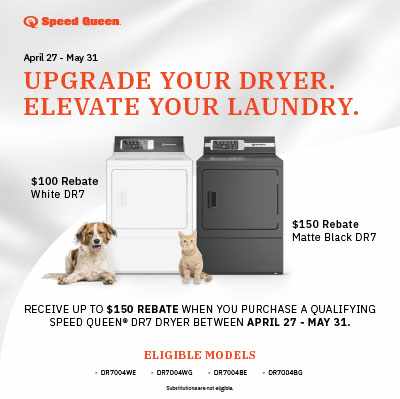 Speed Queen - upgrade your dryer elevate your laundry - $100 rebate on white DR7 - $150 rebate on matte black DR7 - shop now