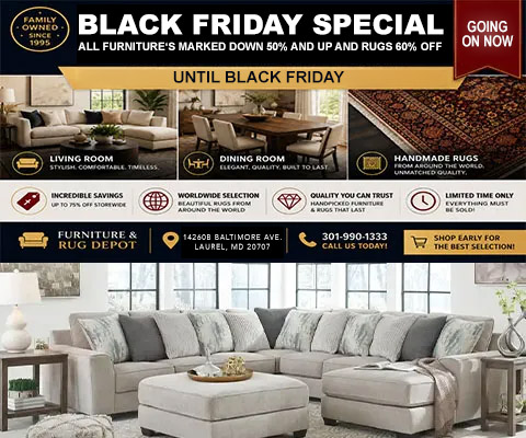 black friday special. going on now all furniture‘s marked down 50% and up and rugs 60% off until Black Friday
