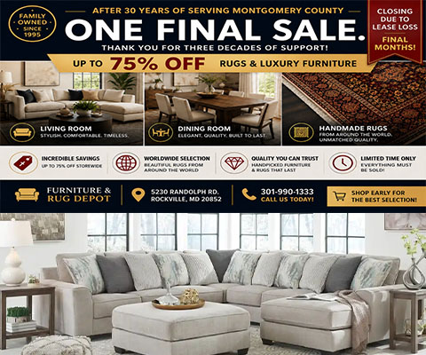 One Final Sale. Thank You For Three Decades Of Support! Up to 75% Off Rugs & Luxury Furniture. Closing Due To Lease Loss. Final Months!