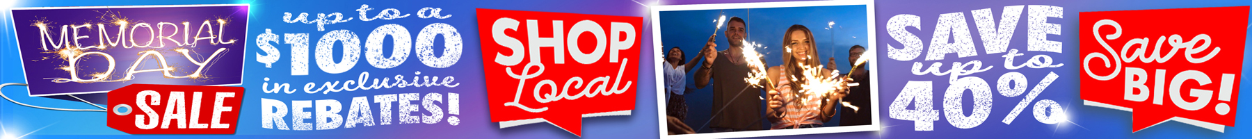 A wide promotional banner for a Memorial Day Sale featuring festive graphics and sparklers. The banner includes text that says 'Memorial Day Sale,' 'up to $1000 in exclusive REBATES!', 'SHOP Local,' 'SAVE up to 40%,' and 'Save BIG!'.