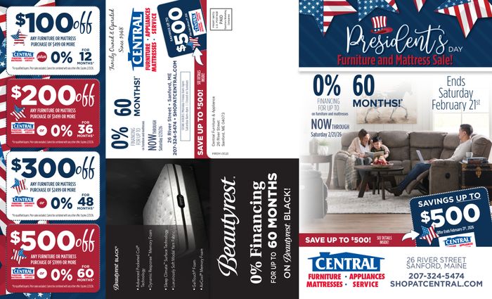 Presidents Day Furniture and Mattress Sale! Savings up to $500. Offer Ends Saturday 21st. Pg 1