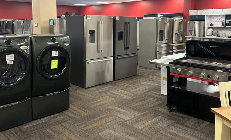 Fortin's appliance showroom floor — appliances on display in Winslow, Maine