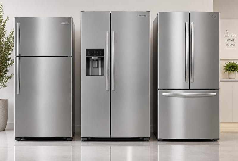 French door, top-freezer, and side-by-side refrigerators on the showroom floor at Fortin's in Winslow, Maine