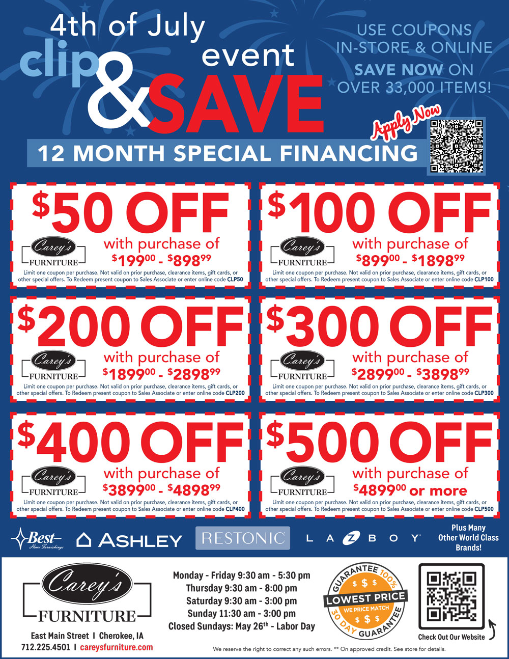 4th of July Event! Clip & Save 12 months special financing