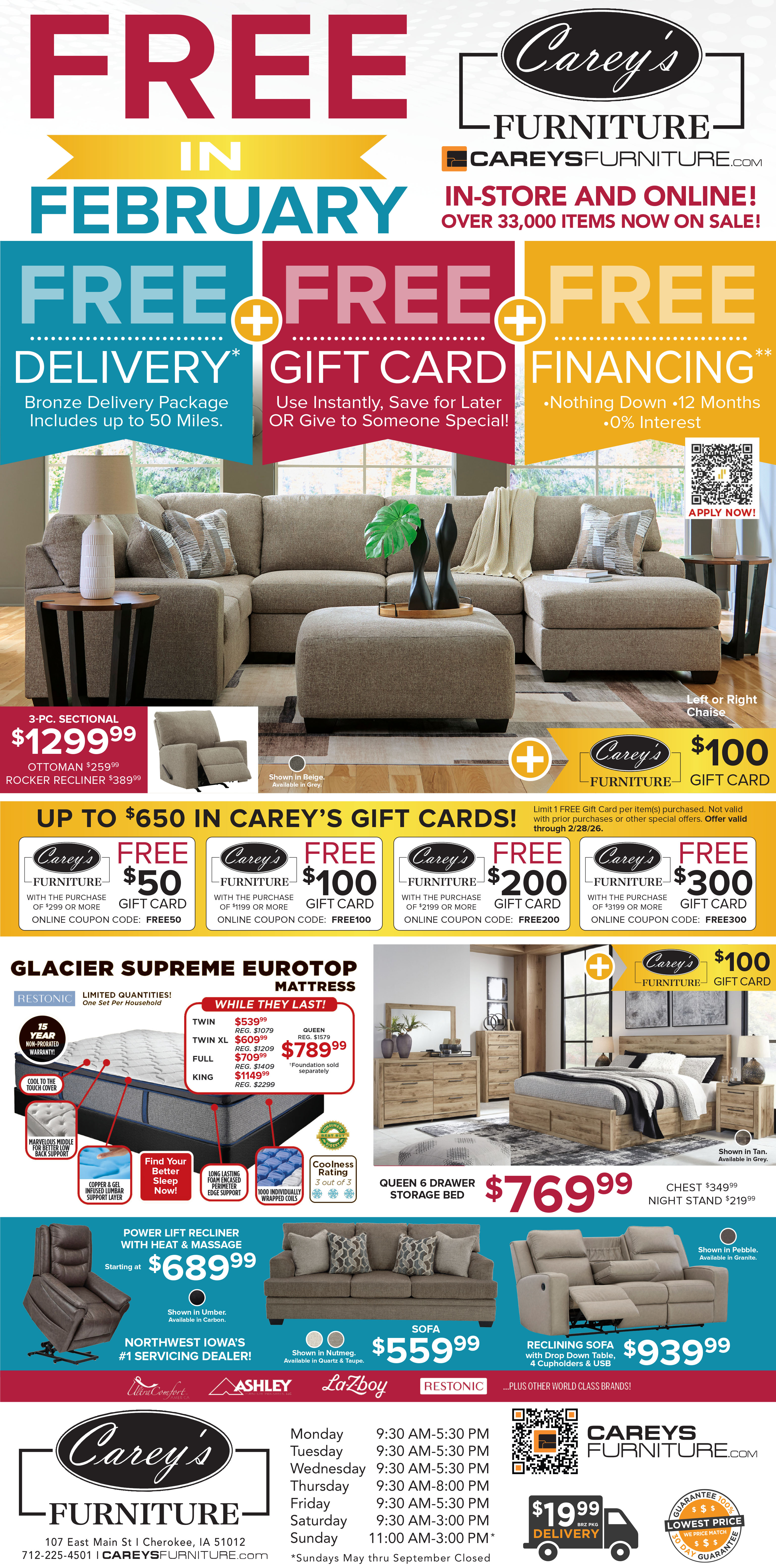 Free in February. Free delivery*, free gift card** & free financing***. In-store and online! Over 33,000 items now on sale!