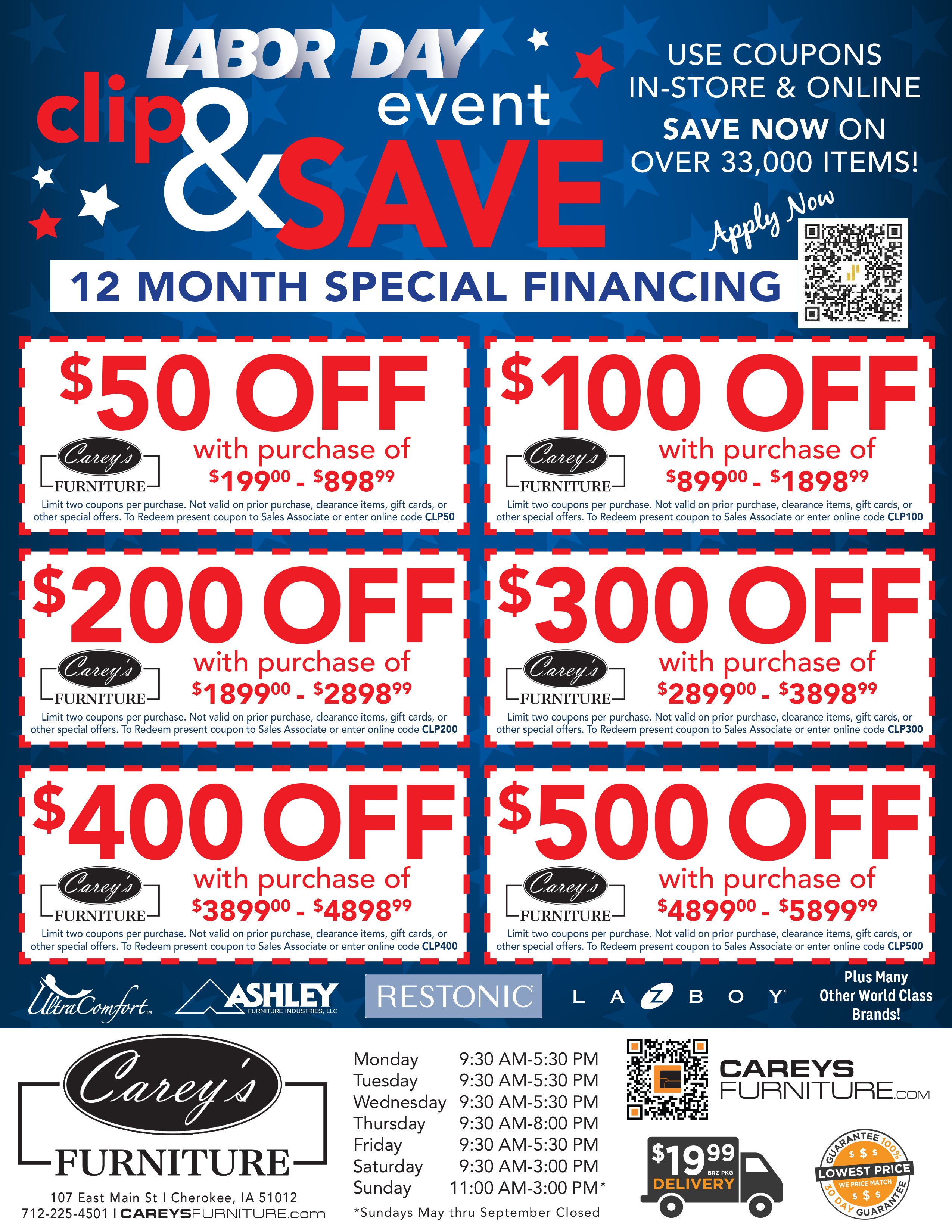 Labor Day Event - Clip & Save - 12 month special financing - up to $500 off coupon