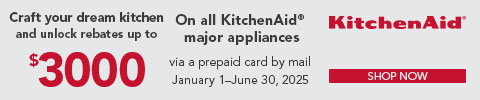 Kitchenaid craft your dream kitchen and unlock rebates up to $3000. on all kitchenaid major appliances via a prepaid card by mail. 1/1-6/30/2025